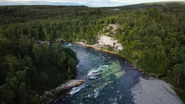 Abiskodalen flowing waters valley stream at Abisko National park Kiruna Sweden