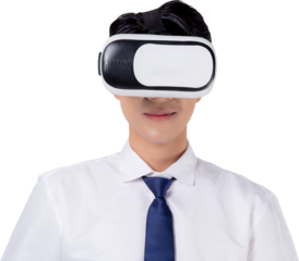 Experience of young asian businessman wearing VR Headset with excited, metaverse or virtual reality tech, innovation of futuristic, business and technology concept.