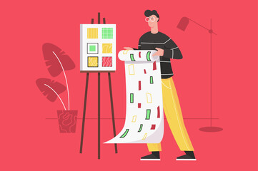 Designer working at design studio modern flat concept. Man holding wallpaper or fabric with abstract pattern and chooses new geometric shapes. Illustration with people scene for web banner design