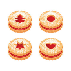 Linzer christmas cookies icon set vector. Delicious christmas linzer round cookies with jam icon set isolated on a white background. Festive shortbread biscuit drawing