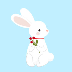 Vector illustration in a flat style, an element in the form of a white rabbit with a sprig of mistletoe in its paws. On an isolated background, suitable for decor and printing.