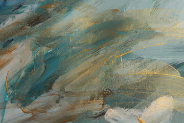 Texture oil and Acrylic smear blot painting.  Abstract gold, bronze and blue color stain...