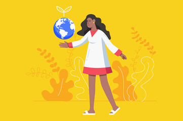 Earth day holiday celebration modern flat concept. Woman pointing at planet, taking care of nature and environment, eco friendly activist. Illustration with people scene for web banner design