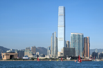 View of West Kowloon with its tall skyscrapers, Hong Kong and  - obrazy, fototapety, plakaty