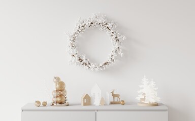 Christmas wreath with white berries on a white wall, background for a Christmas card. Snowberry in a Christmas wreath, home decor for the new year. Christmas eco decor on the fireplace, wooden toys