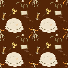 Vector seamless pattern with threads, curly scissors, canvas with embroidery, bows, ribbons and needle. On a brown background. Set of accessories for sewing and handmade with dressmaking accessories.