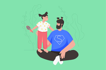 Fathers day holiday celebration modern flat concept. Cute little daughter ties ponytails at father's hair. Happy dad playing with child. Illustration with people scene for web banner design