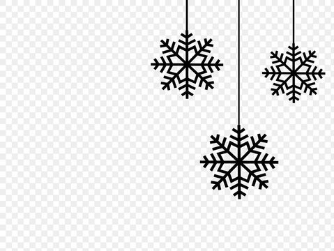 Black flat snowflakes falling  from top ,Christmas decoration isolated  on png or transparent  background, space for text, sale banner template , New Year, Birthdays, illustration vector