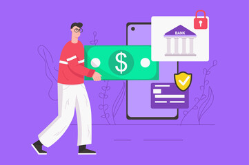 Online banking services modern flat concept. Man receives cash or deposits money to credit card and makes transactions using bank account. Illustration with people scene for web banner design