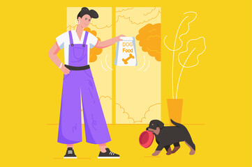 Cute pets and their owners together modern flat concept. Happy woman holding bag of food and going to feed dog, puppy carries his bowl. Illustration with people scene for web banner design