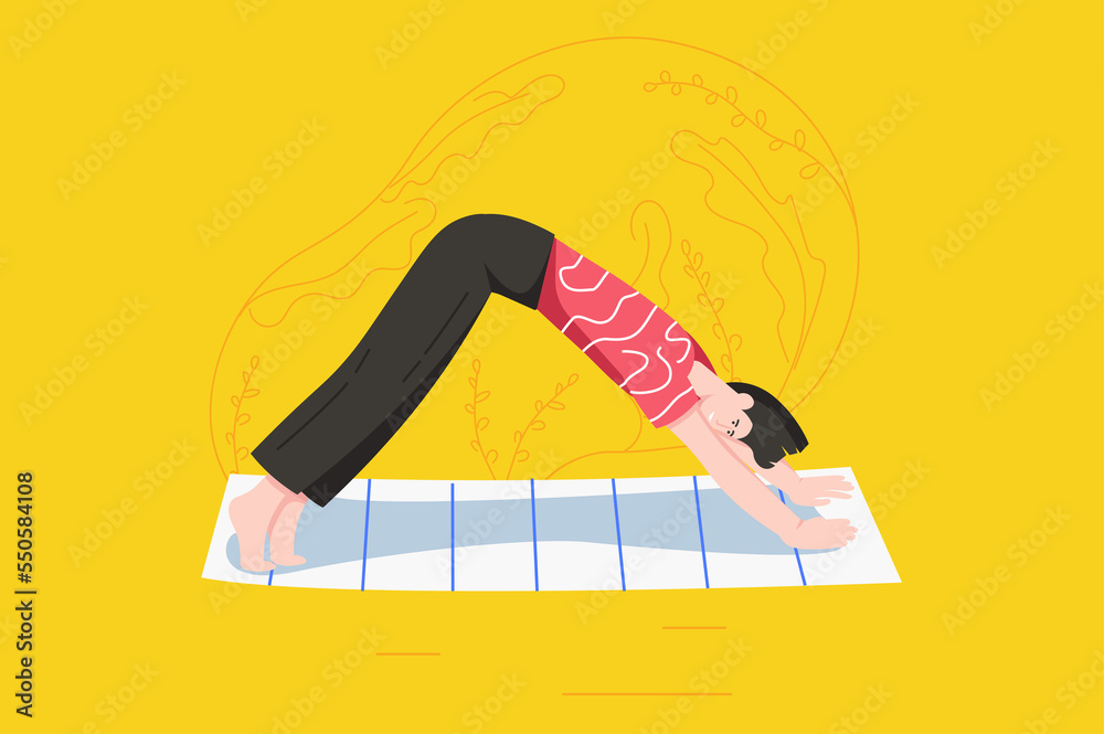 Canvas Prints Yoga asana practice modern flat concept. Woman is standing in Downward Dog pose on mat. Young girl exercising and stretching outdoors. Illustration with people scene for web banner design