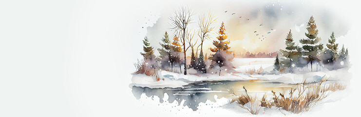 CHristmas winter panoramic banner, card, print, Christmas landscape, watercolor illustration isolated on white background,  Generative AI.
