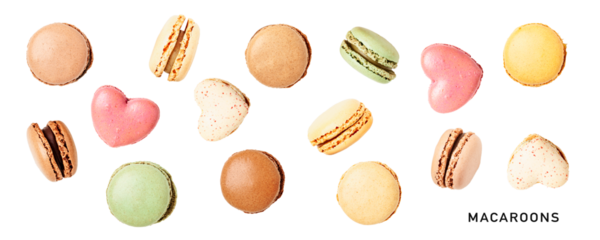 Colorful macaroons set. PNG with transparent background. Flat lay. Without shadow.