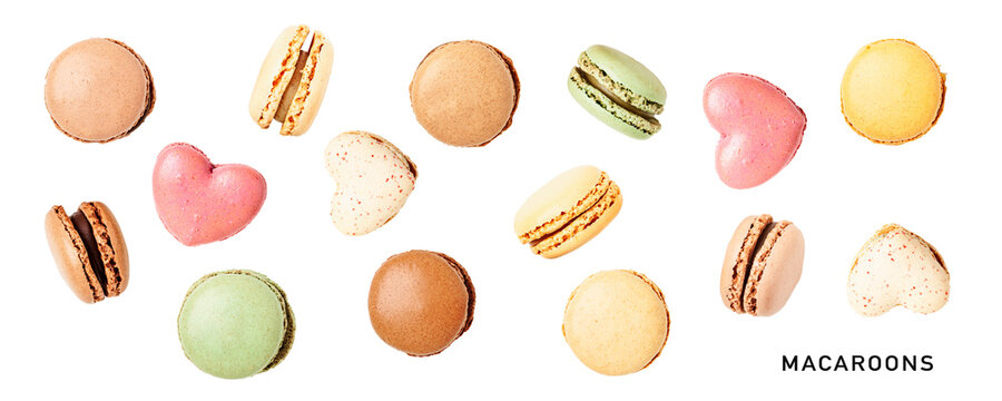 Colorful macaroons set. PNG with transparent background. Flat lay. Without shadow.