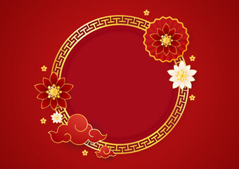 Happy Chinese new year 2023. Chinese new year banner with circle for show product. Greeting card. China frame with lantern on red background.