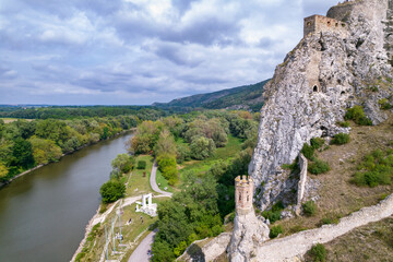 Fototapeta na wymiar Aerial view on Devin castle in Bratislava, Slovakia. The confluence of the Danube and the Morava rivers. Danube river in Slovakia.