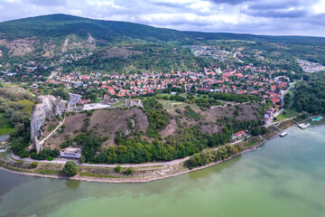 Aerial view on Devin castle in Bratislava, Slovakia. The confluence of the Danube and the Morava...