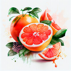 Grapefruits. Watercolor on white paper background. All the fruits.