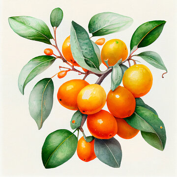 Kumquat. Watercolor on white paper background. All the fruits.