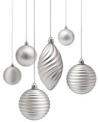 Stylish modern silver Christmas decoration set hanging, isolated, shallow DoF