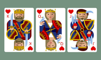 Hearts suit playing cards of King, Queen and Jack in funny modern flat style. Vector illustration