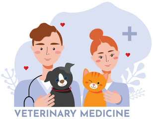 Vector illustration of veterinary doctors holding cat and dog. Animal health care and medicine, cartoon vector illustration. Healthy and happy pets. Creative banner, flyer a blog post for a vet clinic - 550586720