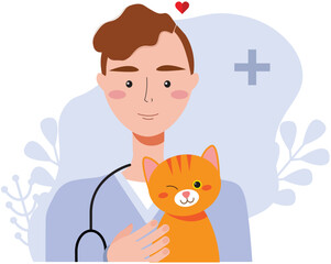 Vector illustration of veterinary doctor holding cat. Animal health care and medicine, cartoon vector illustration. Healthy and happy pets. Creative banner, flyer, a blog post for a vet clinic - 550586723