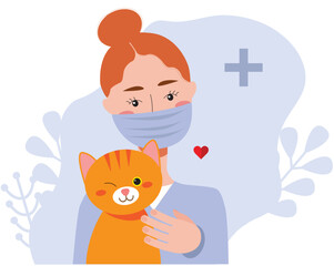 Vector illustration of veterinary doctor holding cat. Animal health care and medicine, cartoon vector illustration. Healthy and happy pets. Creative banner, flyer, a blog post for a vet clinic - 550586749