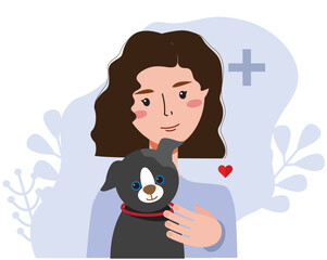 Vector illustration of veterinary doctor holding dog. Animal health care and medicine, cartoon vector illustration. Healthy and happy pets. Creative banner, flyer, a blog post for a vet clinic