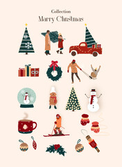 Marry Christmas Vector Collection,  Hand Drawn Style. Festive Decorations.