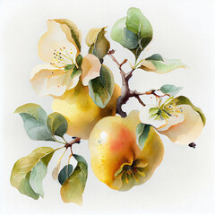 Quince. Watercolor on white paper background. All the fruits.