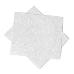 Two folded pieces of white tissue paper or napkin in stack tidily prepared for use in toilet or restroom are isolated on white background with clipping path