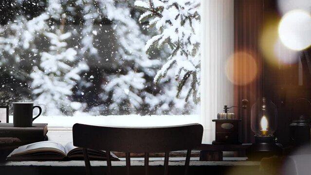 Christmas landscape in a snowy winter forest and warm white snow viewed from a window in a warm and comfortable interior
