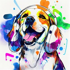 Happy smiling beagle puppy with headphones, colorful fine art, Ai generated illustration