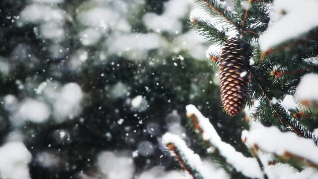 Snow in the forest, heavy snow falling through the trees, and a beautiful Christmas winter landscape
