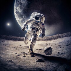 Astronaut playing soccer at the moon surface. Creative photorealistic illustration generated by Ai