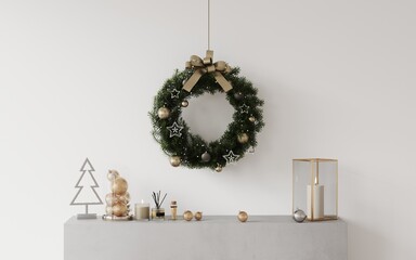  Christmas wreath with fir branches decorated with glass сhristmas balls on a white wall, background for a Christmas card. Home decor for the new year