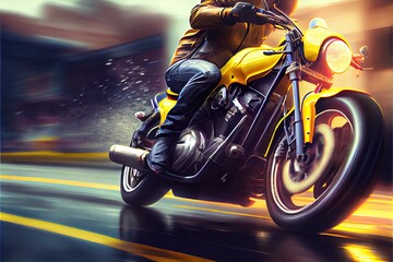 Biker on yellow sports bike rides at the highway. Blurred motion, fast speed. Photorealistic illustration generated by Ai