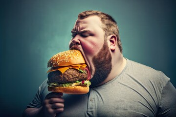Unhealthy eating. Plus size eating giant burger. Ai generated creative illustration	