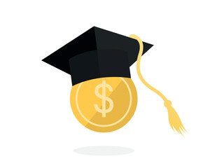 education costs. Graduation cost or expensive education or scholarship loan vector. money and graduation cap. education budget and university tuition fee. vector.
