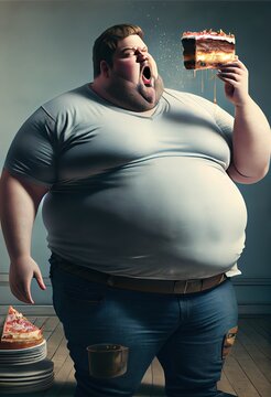 Unhealthy eating concept. Overweight male person with a cake. Ai generated illustration