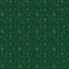 Christmas seamless pattern with golden doodles on dark green background