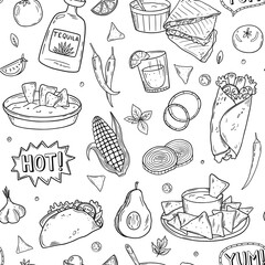 Seamless pattern with  latin american, mexican food. Cuisine mexicaine. Linear graphics. Hand drawn outline vector sketch illustration. Black on white background. 