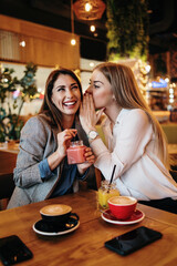 Two best friends sitting in coffee bar or restaurant after shopping and happily talking together.