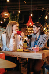 Two best friends sitting in coffee bar or restaurant after shopping and happily talking together.