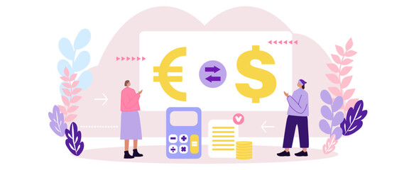 Fototapeta na wymiar Concept of banking, currency exchange. Vector illustration in flat design for web banner, mobile app