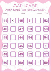 Comparing numbers worksheet. Easy worksheet, math game for children in preschool, elementary and middle school.