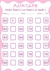 Fototapeta premium Comparing numbers worksheet. Easy worksheet, math game for children in preschool, elementary and middle school.