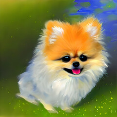 Obraz premium かわいいポメラニアンの油絵風イラスト