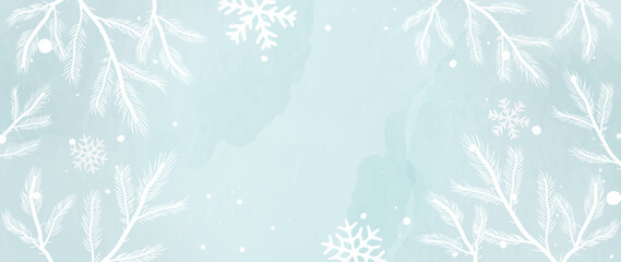 Watercolor winter botanical coniferous branches, background vector illustration on a blue background. Hand drawn christmas tree branches, snowflakes with watercolor brush texture. Design for print